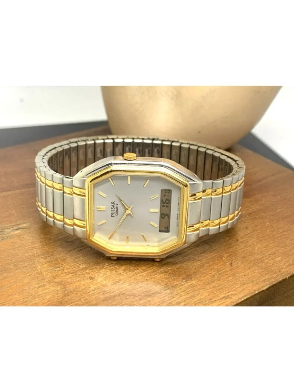 Pulsar By Seiko Watch V041-5330 Quartz Vintage Analog Digital Two Tone Steel